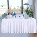 White Polyester Table Clothes for 8 Foot Rectangle Tables, Wrinkle Free Fitted Table Cover 8ft Stretch Tablecloths with Skirt for Parties Weddings Birthday Banquet Baby Shower