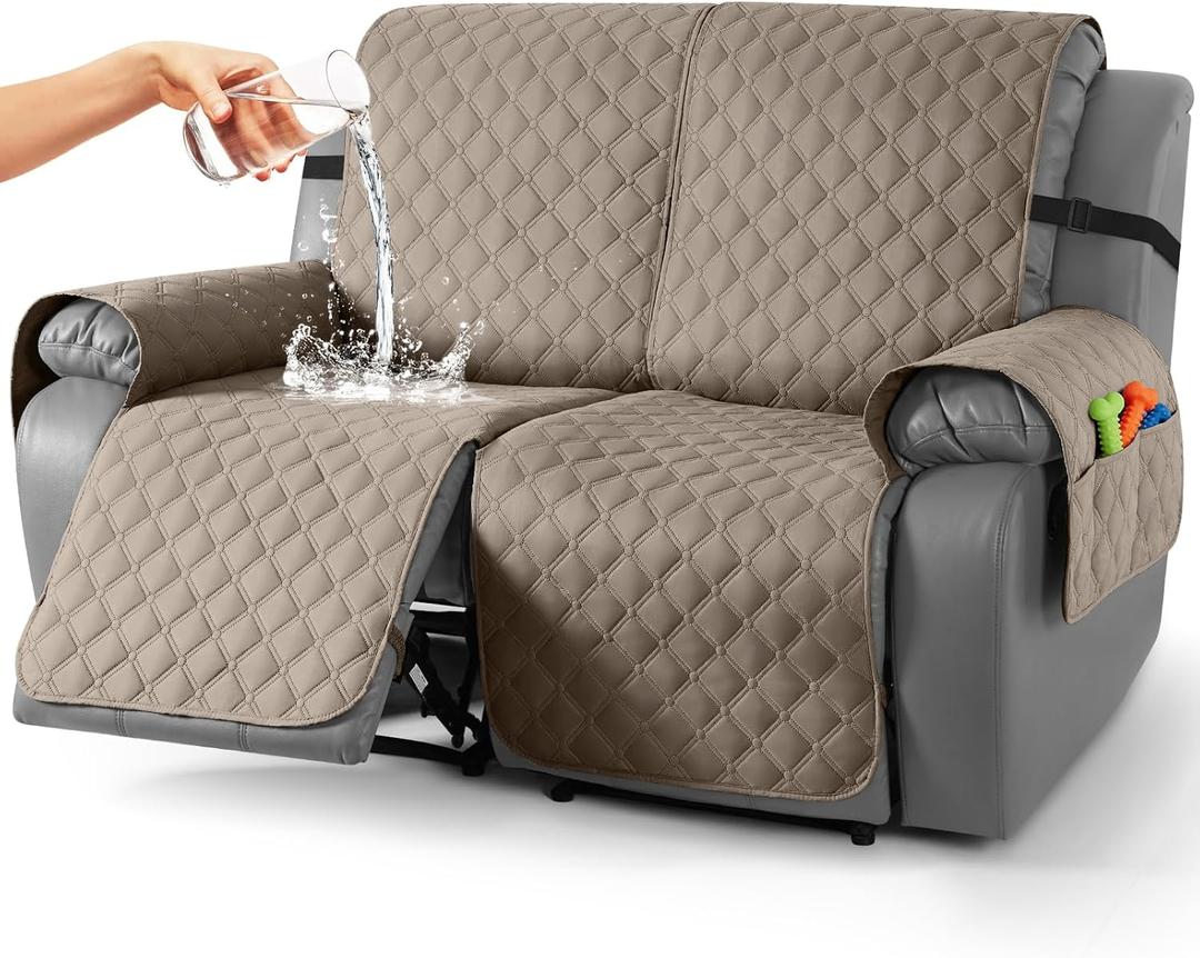 TAOCOCO 100% Waterproof Recliner Covers, Recliner Sofa Covers with Leg Straps, Reversible Recliner Couch Cover for Reclining Chair, Washable Couch Protector for Pets Kids(2 Seater, Taupe)
