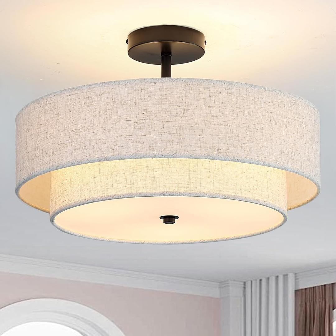 18" Semi Flush Mount Ceiling Light with Fabric Lampshade Modern Drum Ceiling Lamp Black Ceiling Light Fixture for Dining Room Kitchen Bedroom Living Room