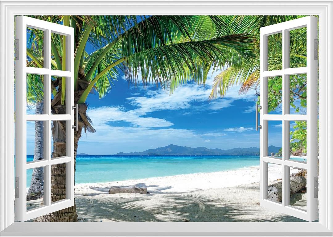 FLFK Fake Window Wall Mural - Beach Palm Trees Faux Window Wall Sticker for Wall Decor, Stick and Peel Wall Decals,48"x32"