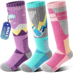 ANTSANG 3 Pairs Kids Merino Wool Ski Socks Boys Girls Thermal Thick Warm Winter Cozy Socks for Skiing Snowboarding (4-7 Years, Skate-purple Green)