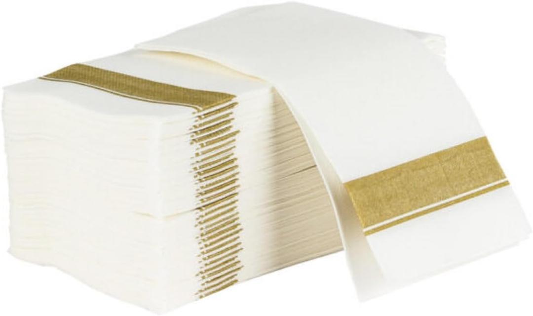 Rectangle Cloth-Like White Napkins with Gold Border, 50 Pack Fancy Paper Napkins, 22" x 22" Disposable Dinner Napkins - Decorative Party Napkins for Weddings, Dinners, Upscale Parties & Events