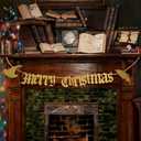 Leinuosen 47'' Magical Wizard Merry Christmas Banner Metal Merry Christmas Garland Sign Vintage Metal Happy Banner Party Decor for Xmas Holiday Birthday Party Supply Indoor Home Office Mantle Decor