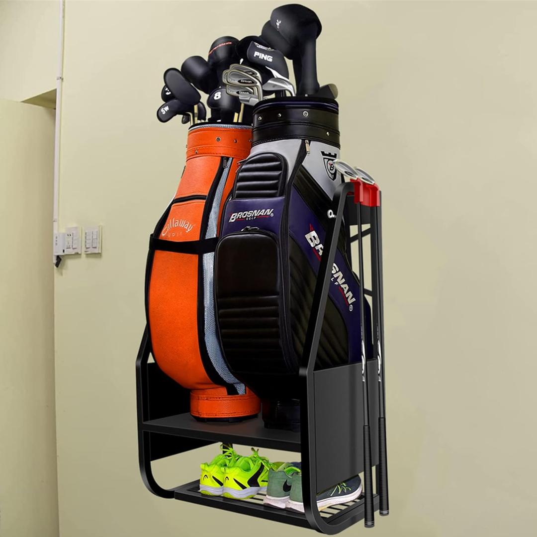 WALMANN Wall Mount Golf Bag Organizer Extra Large 2 Golf Bags Stand Golfing Equipment and Accessories Storage Rack for Garage Shed Basement (Black-New)