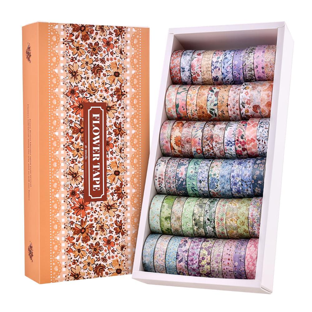 icceemee 60 Rolls Flowers Theme Washi Tape Set with Different Colorful Patterns, Writable Decorative Tapes for Scrapbooking, Junk Journal Supplies, Bullet Journaling, 0.39'' x 79'' per Roll