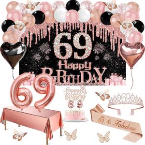 69th Birthday Decorations for Women, 49pcs Black Rose Gold Black Happy 69th Birthday Banner, Tablecloth, Butterfly Decor, Sash and Tiara, Cake Topper, Candles, Balloons Arch
