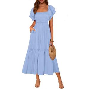 MASCOMODA Womens Summer Casual Midi Dress Square Neck Ruffle Short Sleeve Smocked High Waist A Line Wedding Guest Dresses(Light Blue,Small)