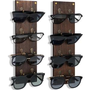 Moxweyeni Set of 2 Rustic Mounted Sunglasses Storage Organizer Wood Eyeglasses Holder Sunglass Rack Eyeglasses Display Rack with Metal Hooks Glasses Wall Decor Hanging Jewelry Organizers for Home