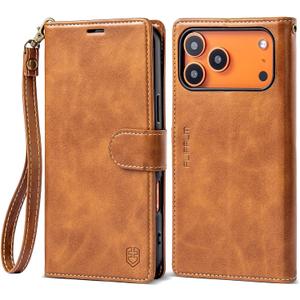 FLIPALM Wallet Case for iPhone 17 Series with Wrist Strap - PU Leather Folio Flip with Credit Card Holder & Kickstand, Protective Cover (Grayish-Brown, for iPhone 17 Pro)