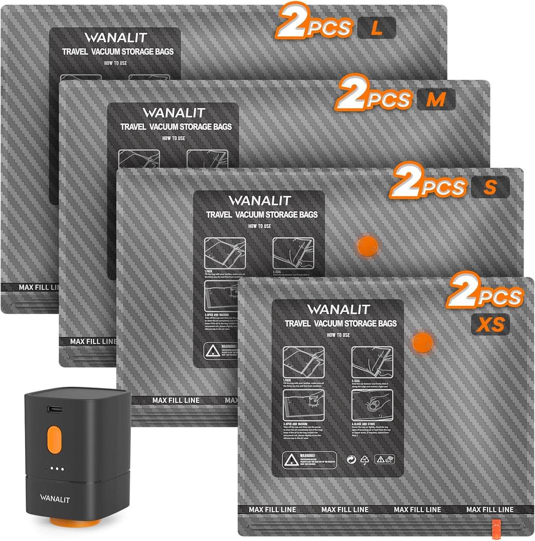 Travel Vacuum Storage Bags with Wireless Rechargeable Electric Pump, 8 Pack Travel Essentials Vacuum Seal Bags for Clothing, Space Saver Compression Packing Bags for Luggage, Suitcase, Backpack, Home (Combo, Black)