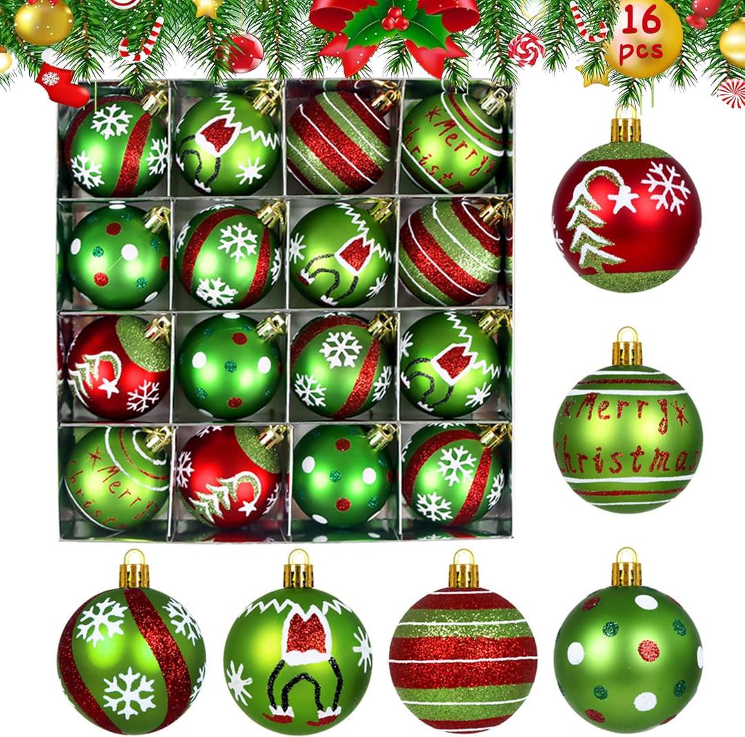 Christmas Decorations Ornaments for Tree - 16Pcs 2.4Inch Red and Green Glittering Hanging Ball Ornaments for Home Indoor Holiday Party Decor