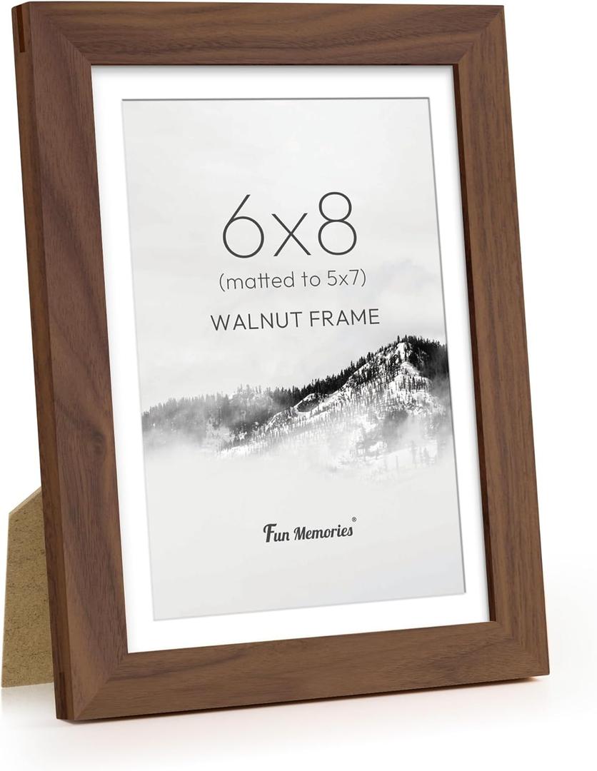 Fun Memories 6x8 Picture Frame for Wall & Tabletop Display, USA-Sourced Walnut Wood Photo Frame 6x8 Matted to 5x7, Wooden 6 x 8 Frames Tempered Glass for Gallery