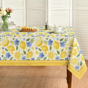 Horaldaily Summer Tablecloth 6060 Inch Square, Lemons Jasmine Leaves Blue Yellow Washable Seasonal Table Cover for Party Picnic Dinner Decor