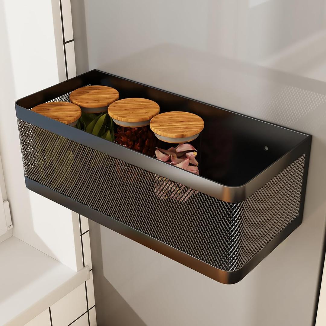 1 Pcs Magnetic Shelf For Fridge Shelves For Whiteboard Classroom Basket Organizer Holder Locker Storage Magnetic Bin Box Containers For Side Of Refrigerator (Black, 11''L*4.9''W*3.9''H)