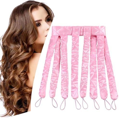 No Heat Hair Curler Headband for Long Hair, Satin Heatless Curling Rod with Adjustable Strap Overnight No Heat Curling Roller for Women and Girls Waves and Curls (Pink)