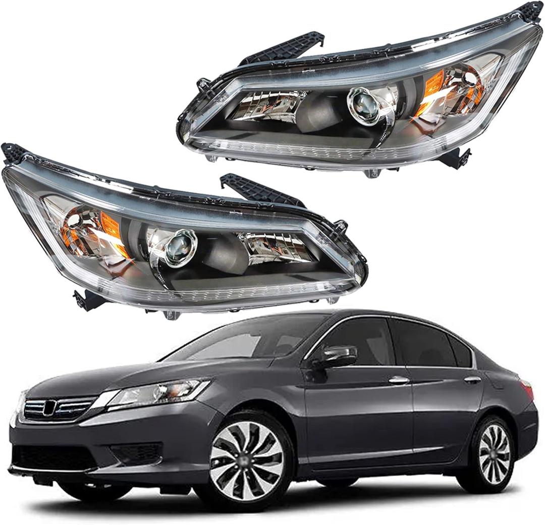 Headlight Assembly Replacement for Accord 2013 2014 2015 Headlight Assembly without DRL Headlamps Pair Left and Right Side Headlight Replacement for 33100T2AA01 33150T2AA01 HO2502151 HO2503151