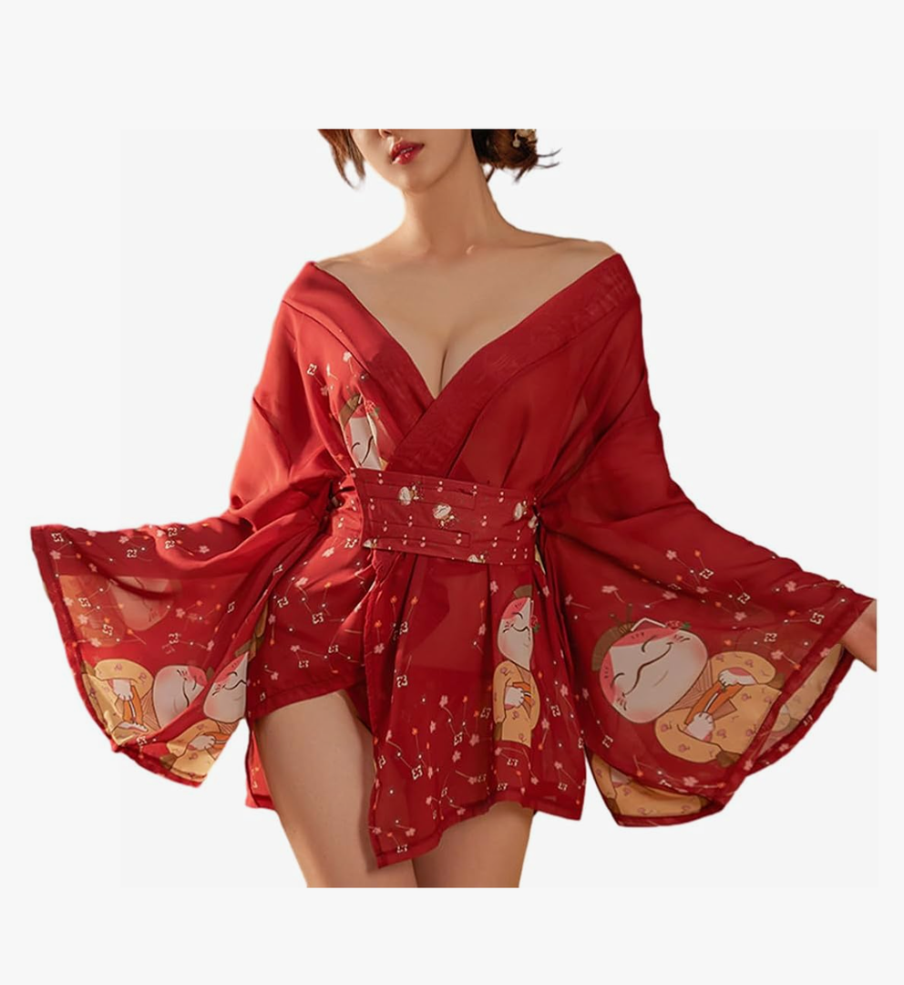 Women’s Kimono Robe Japanese Lingerie Short Geisha Costume Kimono Night Dress Summer Thin Chiffon Pajamas B12