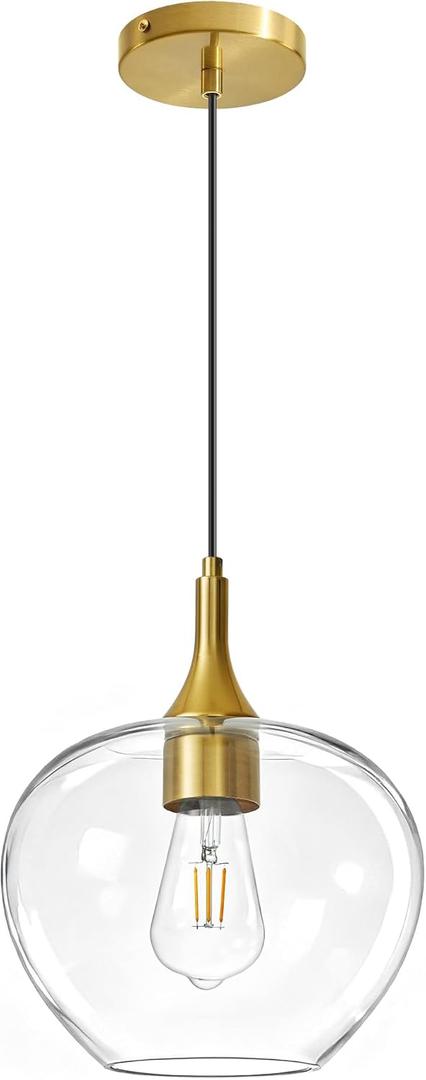 Glass Pendant Lights Kitchen Island, Brass Gold Pendant Lighting Fixtures, Modern Hanging Ceiling Light with 9.45'' Clear Glass Shade for Farmhouse Dining Room Bedroom Hallway(1 Pack)