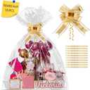 Extra Large Cellophane Bags for Gift Baskets 50x60 Inches, With 10 Gold Ribbons Jumbo Big Clear Basket Bags Cellophane Wrapping OPP Plastic Cellophane Wrap 10 Pieces