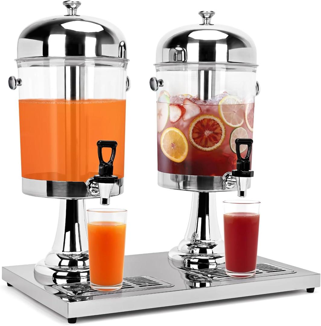 tonchean 4.4 Gallon Dual Drink Dispenser, Beverage Dispensers with Ice Core and Spigot, Stainless Steel Juice Dispenser for Parties, Wedding, Hotel Buffet, Banquet, Restaurant (Metal Drip Tray)