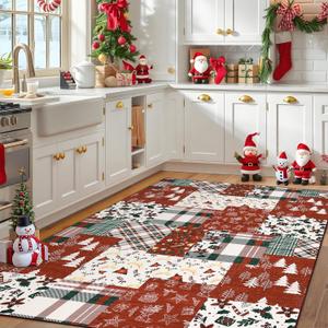 Washable Rugs 5x7 Christmas Area Rug for Bedroom Living Room Non Slip Xmas Dining Room Throw Carpet Washable Kitchen Large Rugs Holiday Dcor Soft Patchwork Christmas Rug for Nursery Home Office, Red