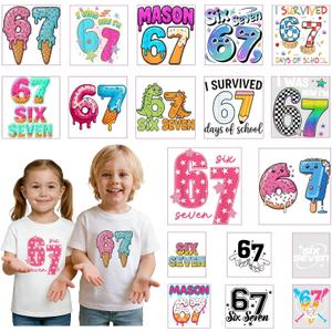Funny Six Seven 67 Meme Iron on Transfers，18 Sheets 6 7 Theme Dtf Transfers Ready to Press，Kids 67 Ice Cream Drip Meme Patches for Tshirts Bags Hats Clothes(Holiday Gift), Funny Six Seven-18pcs