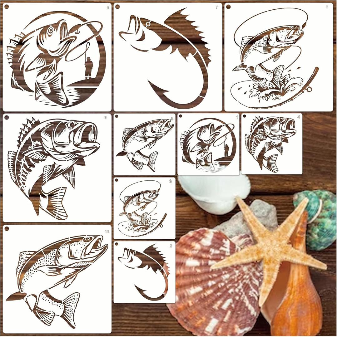 YHSLMH Reusable Fishing Stencils - Large Fisherman Templates for Painting on Wood, DIY Art Craft Fabric Canvas Furniture (10 Fish)