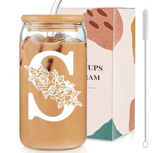 Christmas Gifts for Women: Initial Glass Cup as Office Graduation Memorial Holiday Personalized Gifts - for Mom Grandma Wife Girlfriend Sister Daughter Friend Christmas Gifts - S Aesthetic Cup