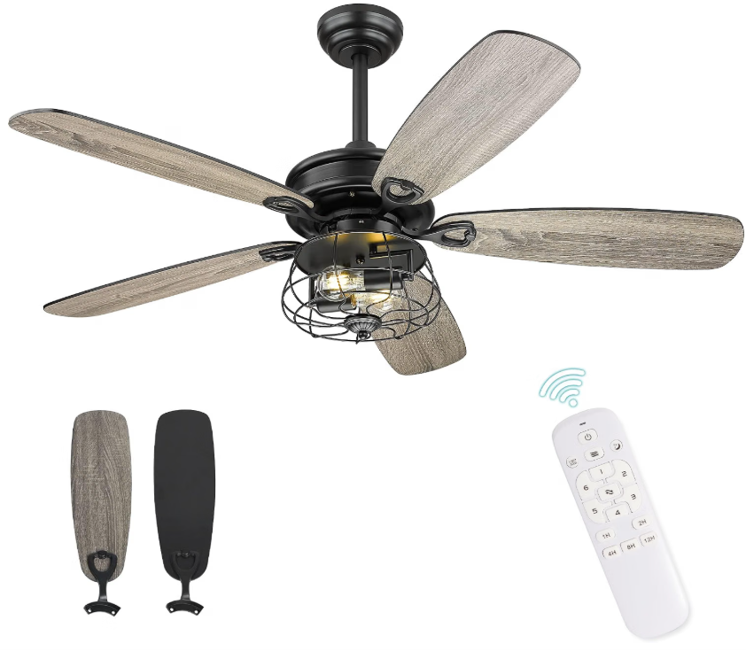 Melkelen Farmhouse Ceiling Fans, 52 Inch Ceiling Fans with Lights and Remote Control, Rustic Barnwood Blades, Industrial Cage Light, Matte Black (MK03-BK)