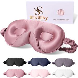 SilkSilky 100% 22 Momme Mulberry Silk Sleep Mask Upgraded 3D Contoured Eye Mask with Nose Wing Pads & Adjustable Strap, Luxury Blackout Eye Cover for Women & Men (Pale Mauve)