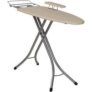 Household Essentials Wide Mega Ironing Board 4-Leg, Steel Top Pressing Station, Heat-Resistant Fiber Pad and Cotton Cover, Includes Sleeve Board and Iron Rest with Hanger Bar, Silver Frame