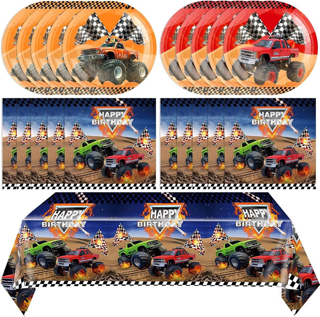 41Pcs Monster Truck Birthday Party Tableware Set for Boys and Men Truck Napkins, Plates and Tablecloth. Racing Car Theme Party Boys Birthday Baby Shower Supplies