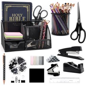 12-in-1 Desk Organizer Set - Black Office Accessories with Pen Holder, Tape Dispenser, Scissors, Ruler, Stapler, and Remover - Ideal for Home or School