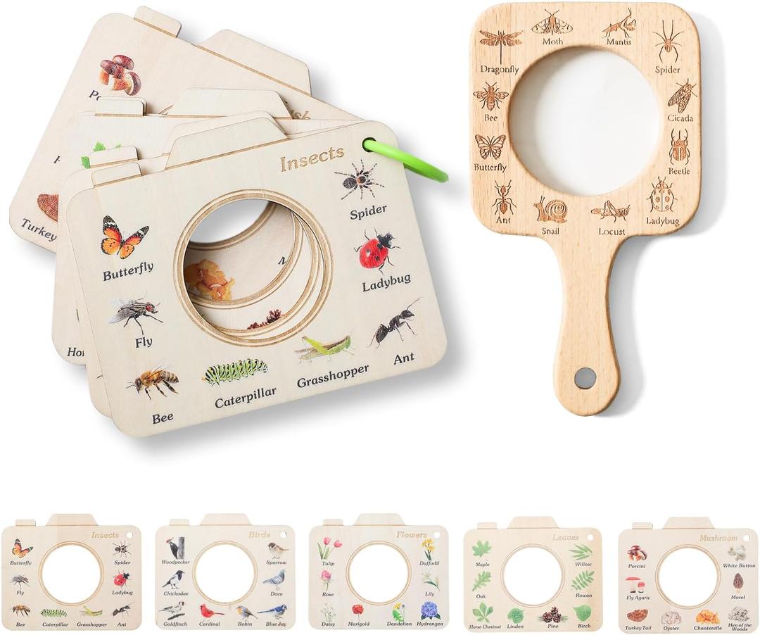Magnifying Glass for Kids Wooden Montessori Educational Explore Toy Magnifying Glasses and Wood Bug Cards for Outdoor Adventure Birthday Gift for Boys Girls Ages 3+
