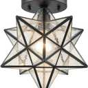 Moravian Star Light Flush Mount Ceiling Light with Seeded Glass Shade Black for Living Room Bedroom Bathroom Hallway, Seeded Glass 12in