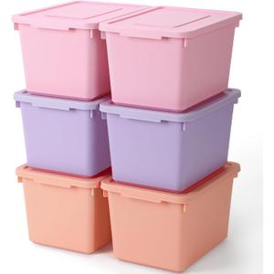 Potchen 6 Pack Cute Plastic Storage Bins with Lids Decorative Stackable Storage Boxes 9.8" 7.3" 5.7" Small Storing Totes for Organizing Craft Office Supplies (Pink, Purple, Orange)
