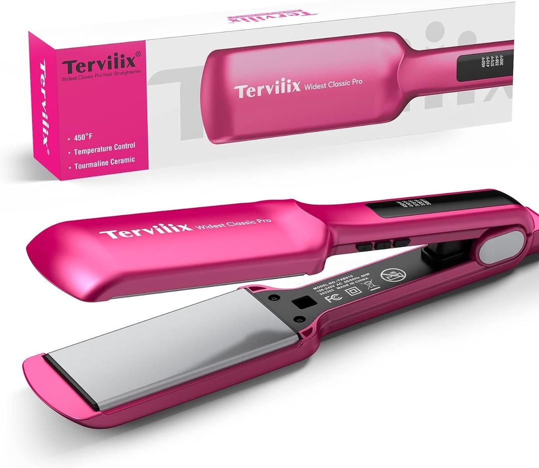 Terviiix Flat Iron Hair Straightener, 2 Inch Widest Ceramic Flat Iron for Hair, Professional Straightening Irons with Adjustable Temp, Fast Styling for Silky Smooth Hair, Dual Voltage, Auto Off, Pink (2 inches)