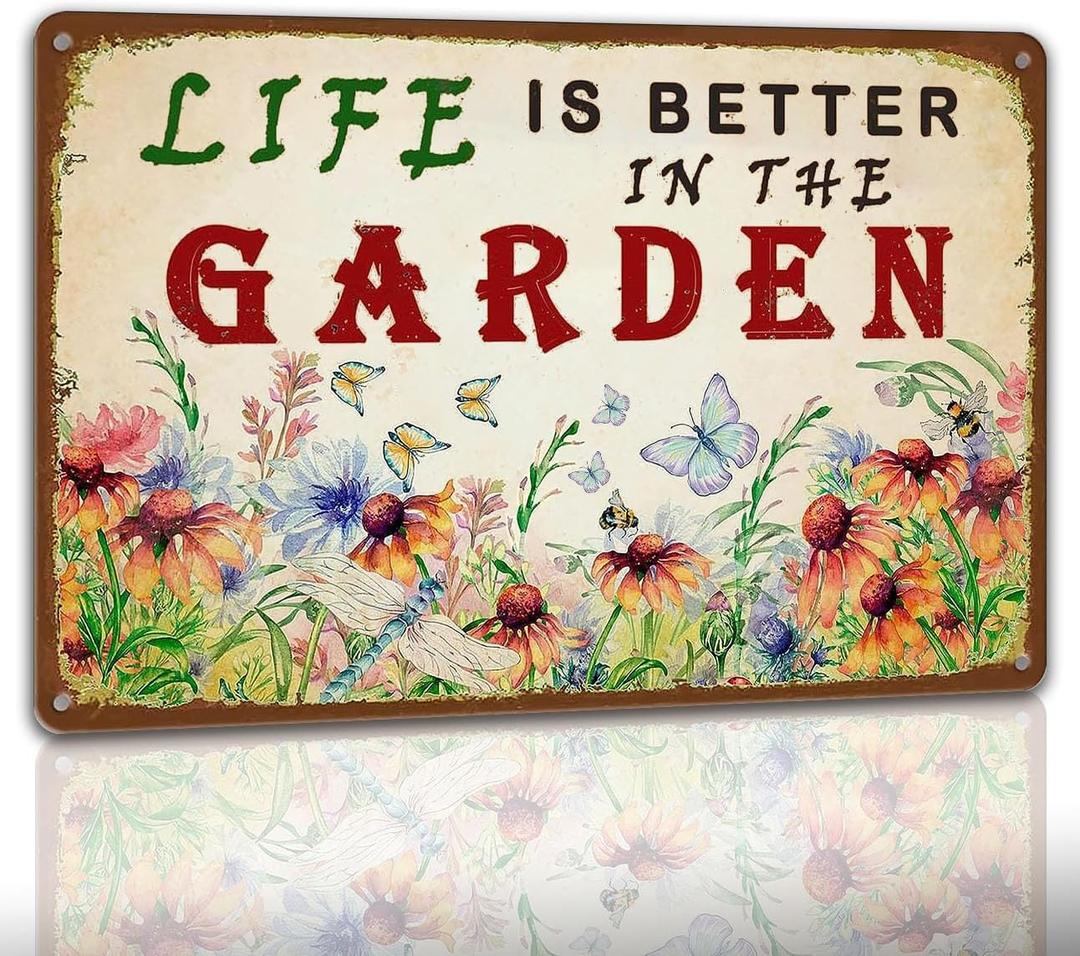 Garden Sign Vintage Gardening Metal Sign Life Is Better In The Garden Rustic Decor Funny Outdoor Gardening Metal Signs Botanical Wall Decorative 812 Inch (yard8)