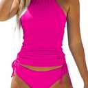 Women's Bathing Suit Solid Color Drawstring Side Halter Neck Tankini Set, Solid Black, S (Hot Pink)
