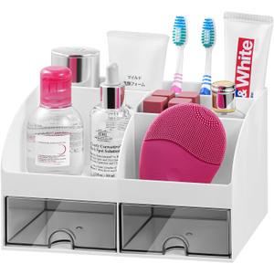 VITVITI Toothbrush Holders for Bathrooms Countertop, 5 Slots Toothpaste Bathroom Counter Sink Organizer with Drawers, Plastic Bathroom Organizer for Vanity/Makeup/Office White