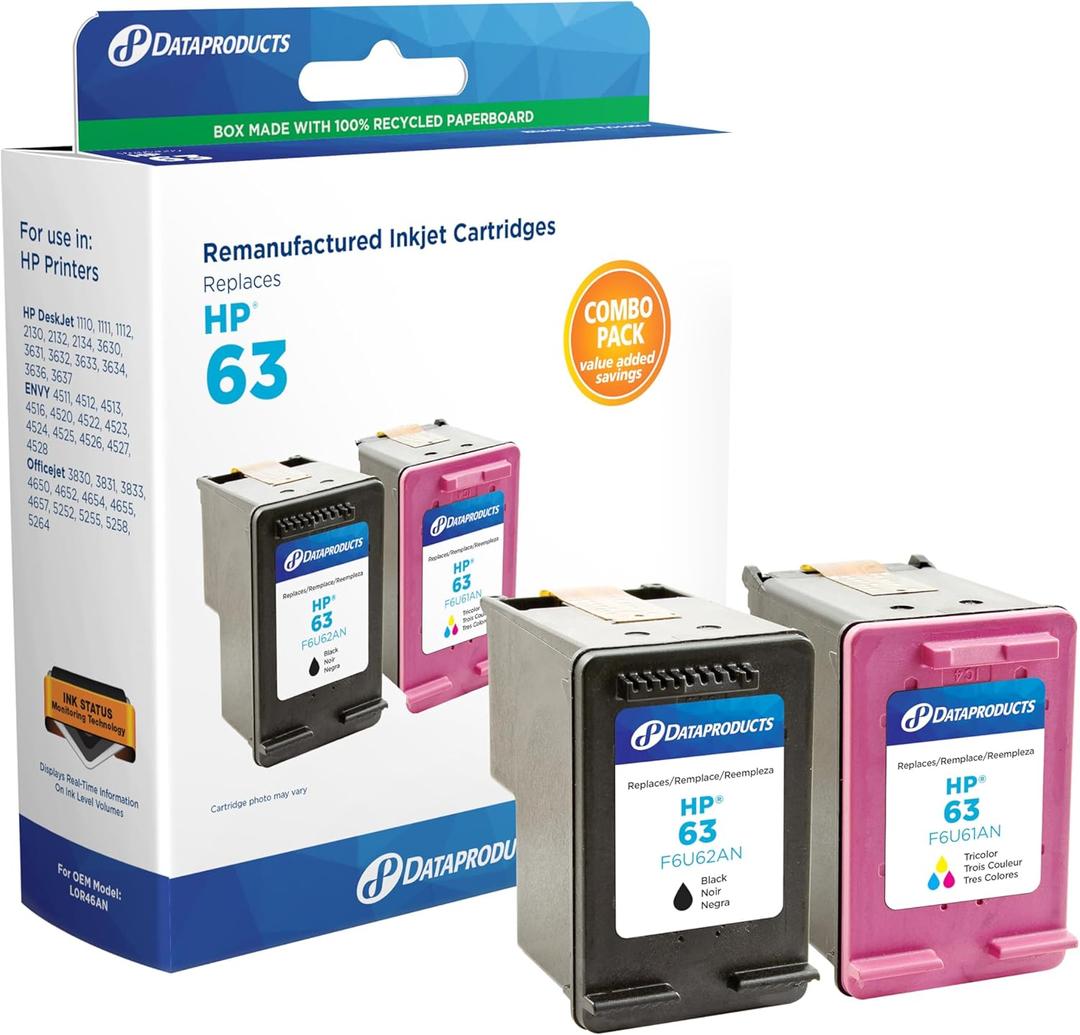 Dataproducts Remanufactured High Yield Black, Tri-Color Ink Cartridges Replacement for HP 63 (L0R46AN) 2-Pack