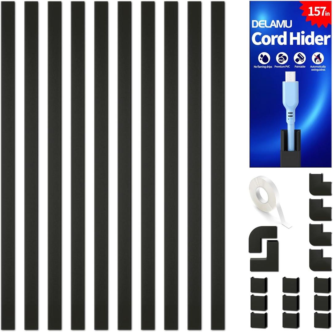 Delamu 157in Cord Covers for Wires on Wall, Cord Hider for 1 Cord, Paintable Cable Hider, Cable Management Wire Covers for Cords,W0.55 H0.4in, Black Delamu 157in Cord Covers for Wires on Wall, Cord Hider for 1 Cord, Paintable Cable Hider, Cable Management Wire Covers for Cords,W0.55 H0.4in, Black