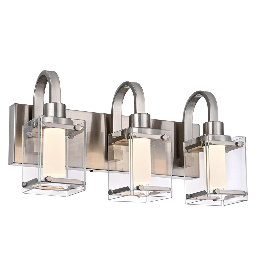 Lucidce 5-Light Brushed Nickel Vanity Light Fixtures, Modern LED Bathroom Wall Lights for Dressing Room, Integrated LED Chips with Frosted Column & Clear Square Glass Shades, Energy Saving Wall Sconce