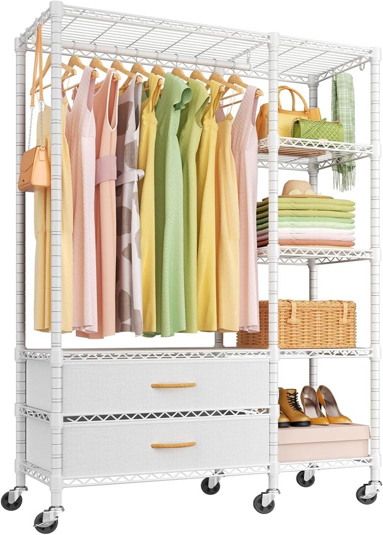 Ulif F3R Heavy Duty Clothes RackWith Lockable WheelsFreestanding Clothing Racks for Hanging ClothesAdjustable Closet Organizer SystemPortable Garment Rack 40"W x 15"D x 74"HMax Load 700LBSWhite