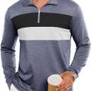Mens Quarter Zip Polo Shirt Long Sleeve Color Block T Shirts for Men Lightweight Casual Striped Golf Polos (Medium, Grey)