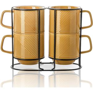 Stackable Coffee Mugs with Rack: 13 oz Stacking Ceramic Cups with Stand - Porcelain Stacked Tea Mug Set of 4(Mustard Yellow)