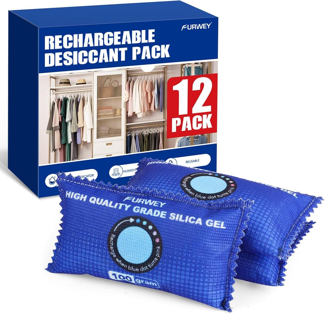 FURWEY 12 Pack Rechargeable Desiccant Packs, 100g Each, Blue, Color Indicating Silica Gel Dehumidifier Bags for Storage, Closets, Cars, Bins