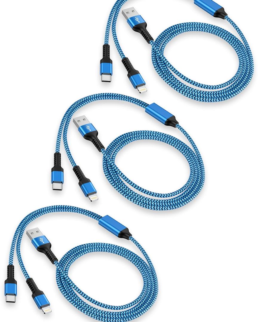 3Pack-4FT Apple & Android USB to Lightning & USB-C 2-in-1 Fast Charger Cable for iPhone 17 17Pro 16e 16 15 14 Pro Max Plus 13 12, Samsung Galaxy A17 A16, Google Pixel 10, Multi USBC Lighting USB Cord