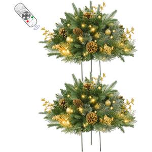 2 Pack 24 Inch Lighted Outdoor Christmas Tree with Dual Color LED Lights, Remote Control Battery Operated Pre-lit Pathway Urn Filler, Christmas Porch Decorations for Home, Porch & Yard (Green Gold)
