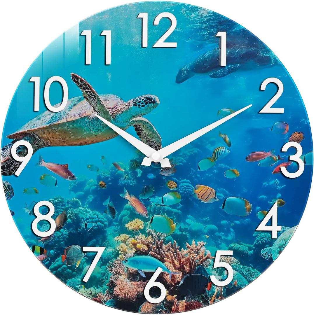 Outdoor Clock Waterproof - Nautical Ocean Decor Indoor Outdoor Wall Clocks for Patio Pool Garden Bathroom Home - Blue 12 Inch Glass, Sea Turtle Underwater Theme